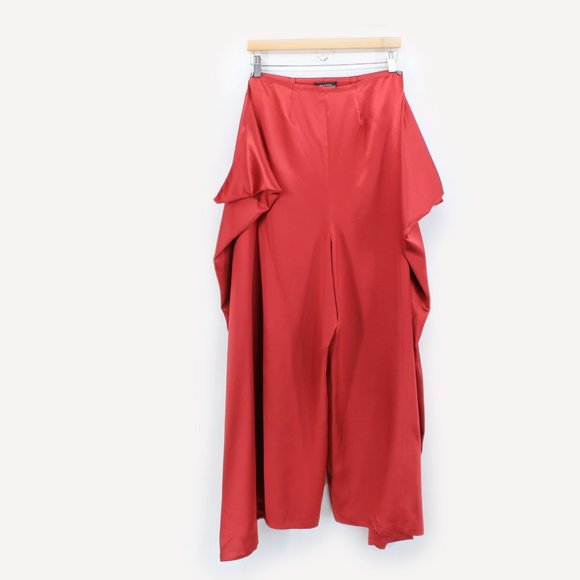 J Peterman 100% Silk Palazzo Wrap Pants Low Crotch High Rise Wide Leg Buttons M - Picture 2 of 16